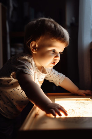 shot of a cute little boy playing with a lightbox at homeの素材