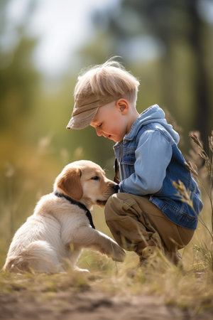 shot of a cute little boy playing outside with his puppyの素材