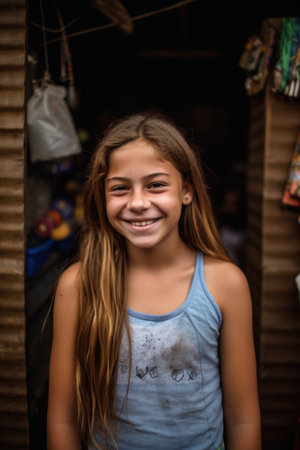 portrait of a young girl smiling in front of her environmental workshopの素材