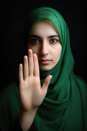 cropped shot of a young woman holding up her green hand gestureの素材