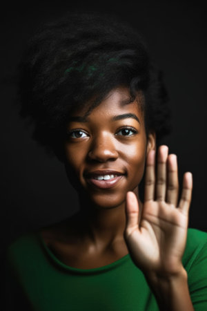 cropped shot of a young woman holding up her green hand gestureの素材