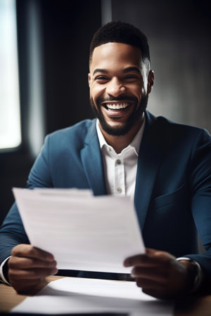 shot of a happy man holding paperwork during a contract negotiationの素材