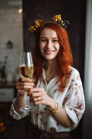 portrait of a young woman celebrating at homeの素材