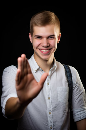portrait of a happy young man gesturing for a handshakeの素材