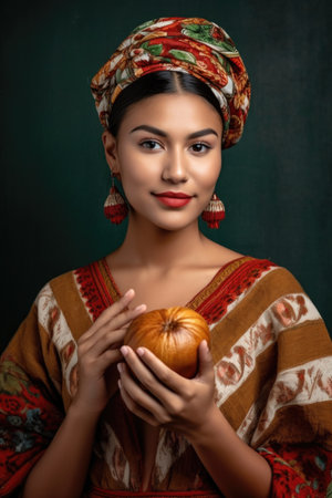 portrait of a lovely ethnic woman holding up a bun and decorative flowerの素材