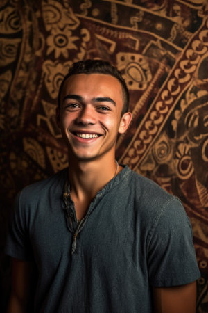 portrait of a happy young man standing in front of a wall painted with traditional native artの素材