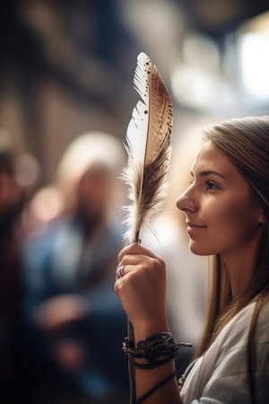 shot of a unrecognizable young woman holding up a feather at an eventの素材