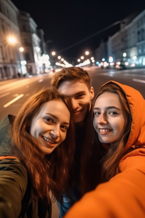 evening, friends and selfie on road of city for travel adventure together with happinessの素材