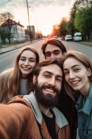 evening, friends and selfie on road of city for travel adventure together with happinessの素材