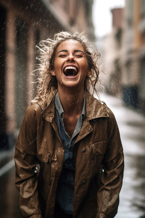 shot of a young woman having fun in the rainの素材