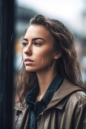 shot of an attractive young woman looking thoughtful on a rainy dayの素材