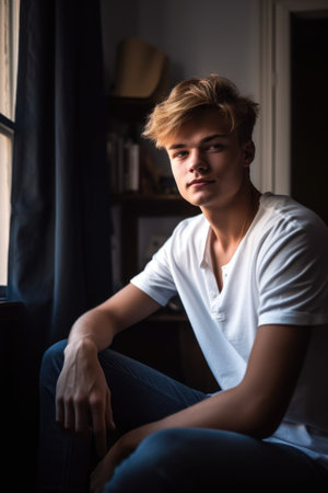 cropped shot of a handsome young man sitting in his roomの素材