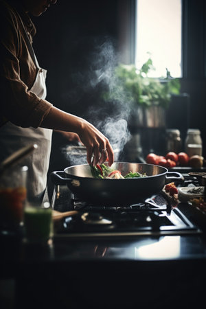 shot of an unrecognizable person cooking in their kitchenの素材