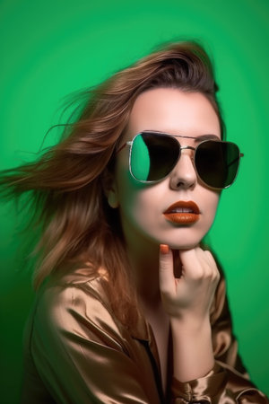 woman, portrait and sunglasses on a green background for fashion or cool lookの素材