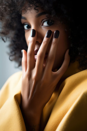 cropped shot of a woman using two hands to protect her privacy while making a phone callの素材