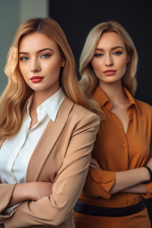 cropped shot of two beautiful young businesswomen posing together in the officeの素材