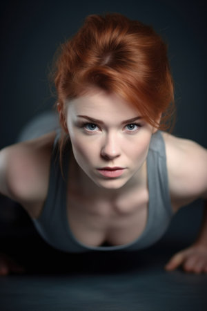 portrait of an attractive young woman doing push ups against a gray backgroundの素材