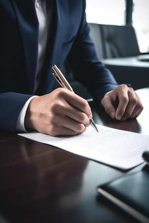 cropped shot of a man signing documents in his officeの素材