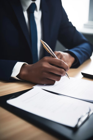 cropped shot of a man signing documents in his officeの素材