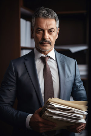 cropped portrait of a handsome mature businessman holding paperwork while standing in his officeの素材
