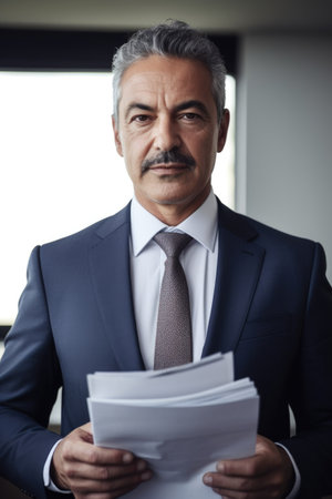 cropped portrait of a handsome mature businessman holding paperwork while standing in his officeの素材