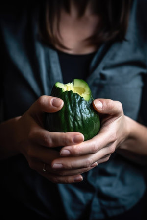 closeup shot of a woman holding and squeezing fresh avocadoの素材
