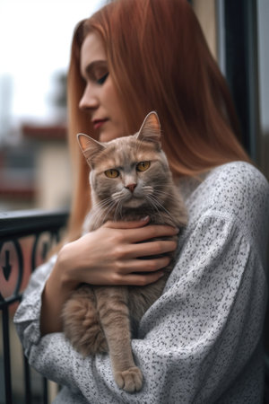cropped shot of a woman holding her cat on the terrace outsideの素材