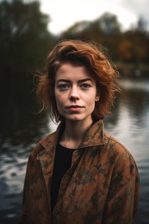 portrait of a young woman standing in front of a lakeの素材
