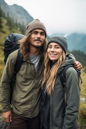 shot of a young couple out for a hike in the mountainsの素材