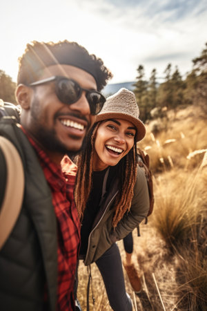 shot of a young couple having fun while out hikingの素材
