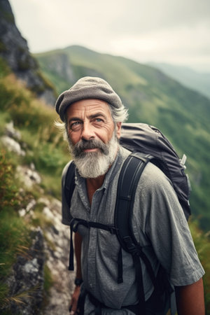 shot of a mature man out hiking in the mountainsの素材