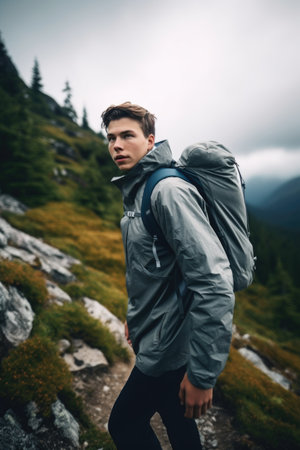 shot of a young man hiking in the mountainsの素材
