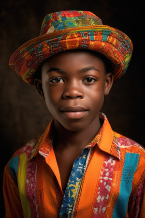 a young african boy wearing a colorful shirt and hatの素材