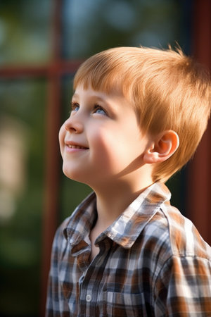 portrait of a happy young boy standing outside and looking awayの素材