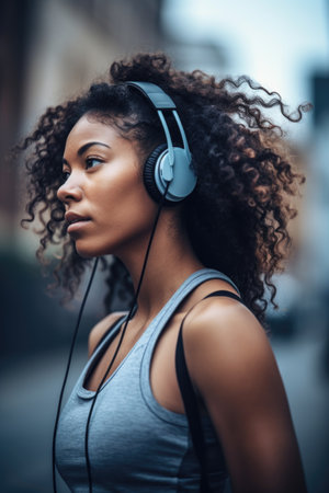shot of a sporty young woman listening to music while exercising outsideの素材