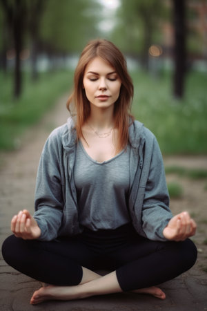 portrait of an attractive young woman doing yoga outdoorsの素材