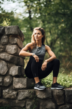 shot of a sporty young woman sitting on a stone wall outdoorsの素材