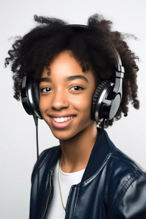 studio shot of a young woman wearing headphones and looking cheerful against a white backgroundの素材