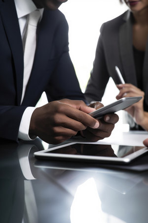 closeup shot of businesspeople using a digital tablet together in an officeの素材