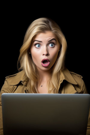 portrait of a young woman looking surprised while using her laptopの素材
