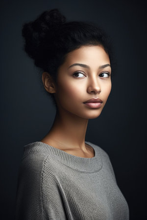 shot of a beautiful young woman standing against a grey backgroundの素材