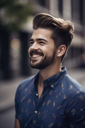 shot of a handsome young man looking happy while standing outsideの素材