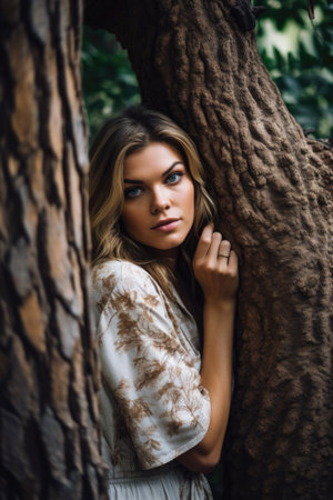 shot of a young woman posing behind a tree at the zooの素材