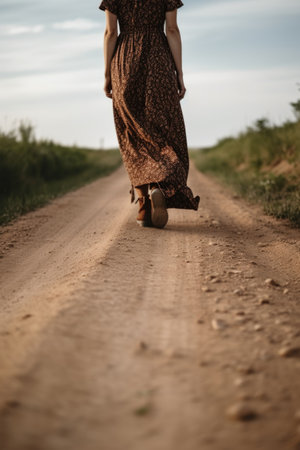 cropped shot of an unrecognizable woman standing on a dirt road outsideの素材