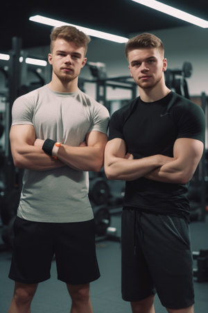 cropped shot of two young men in the gymの素材