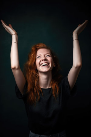 portrait of a smiling young woman with her arms raisedの素材