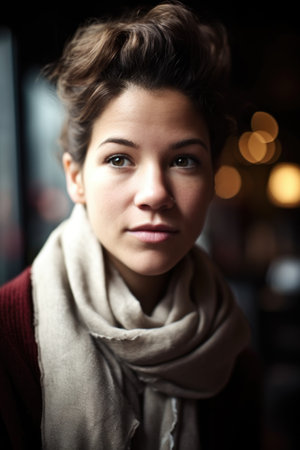 closeup portrait of an attractive young woman at a coffee shopの素材