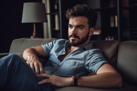 cropped shot of a handsome young man sitting on the sofa in his lounge at homeの素材
