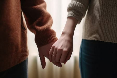 cropped shot of two unidentifiable people holding handsの素材