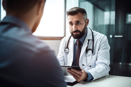 shot of a doctor using a digital tablet for patient consultation in his officeの素材